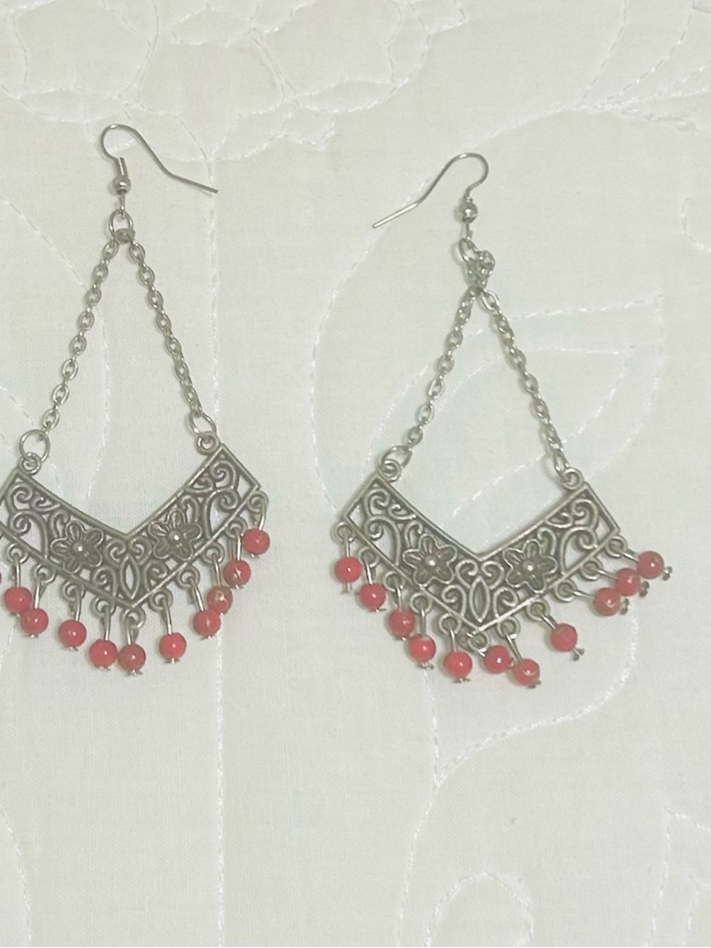 Filigree Teardrop Dangle Earrings with Red Beads